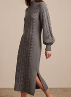 Maia Longo long-sleeve knit midi dress in grey featuring a round neckline and fitted silhouette