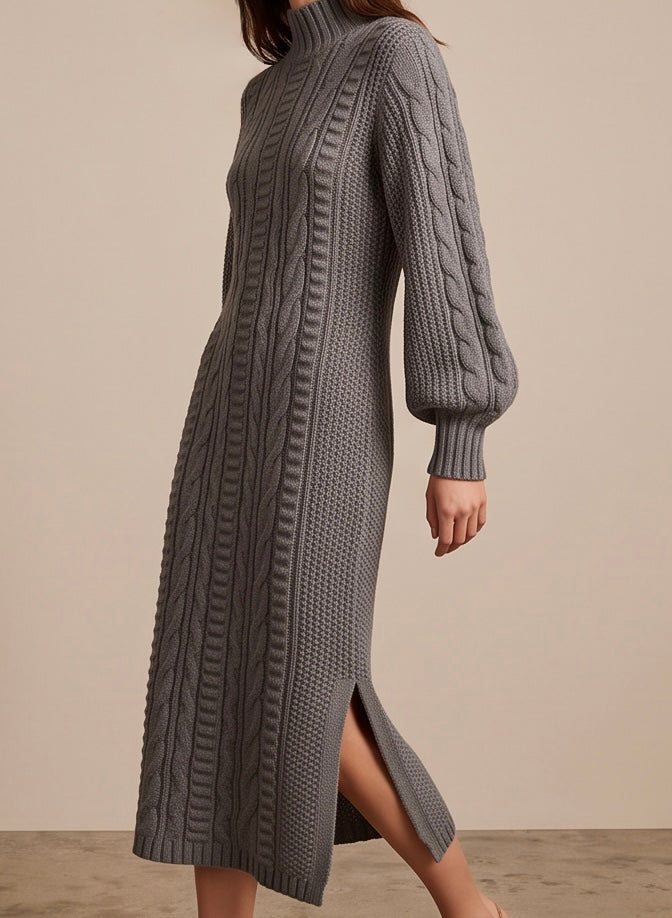 Maia Longo long-sleeve knit midi dress in grey featuring a round neckline and fitted silhouette