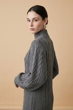 Maia Longo long-sleeve knit midi dress in grey featuring a round neckline and fitted silhouette