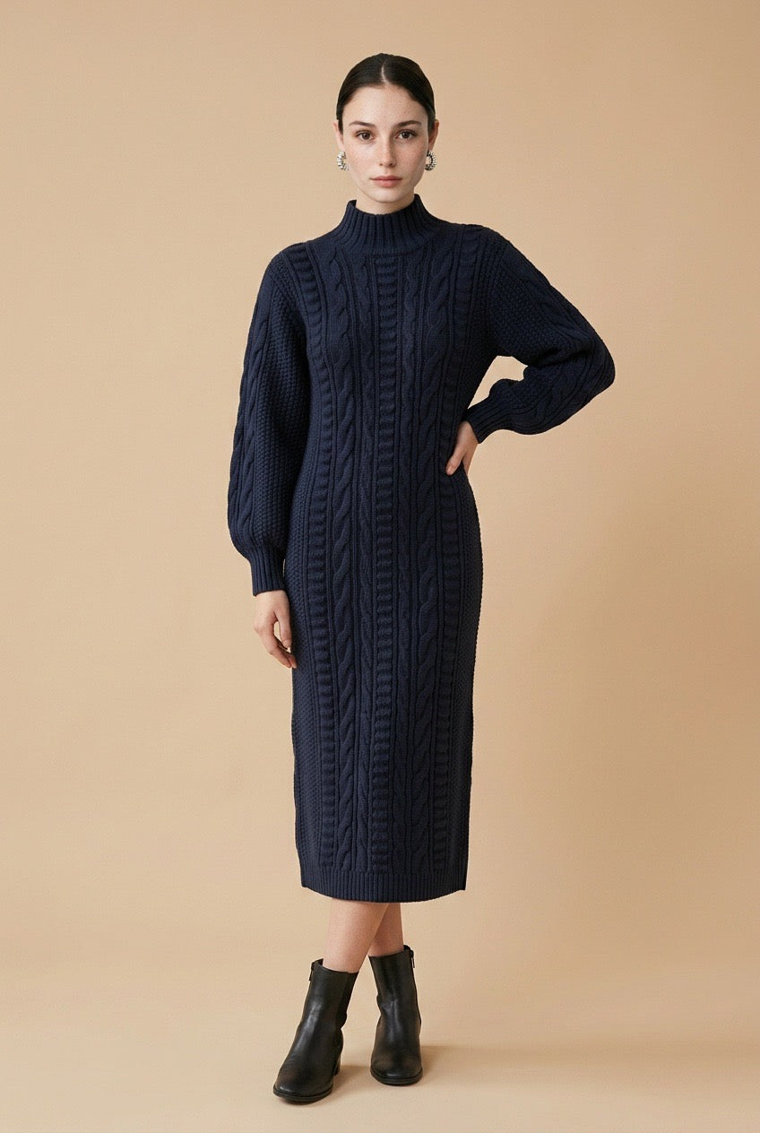 Maia Longo long-sleeve knit midi dress in navy blue featuring a round neckline and fitted silhouette