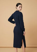 Maia Longo long-sleeve knit midi dress in navy blue featuring a round neckline and fitted silhouette
