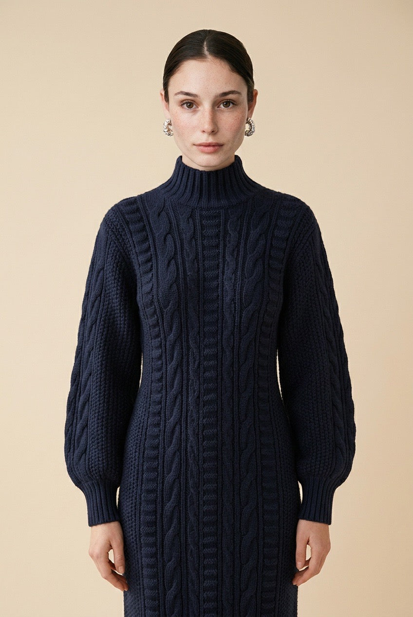 Maia Longo long-sleeve knit midi dress in navy blue featuring a round neckline and fitted silhouette
