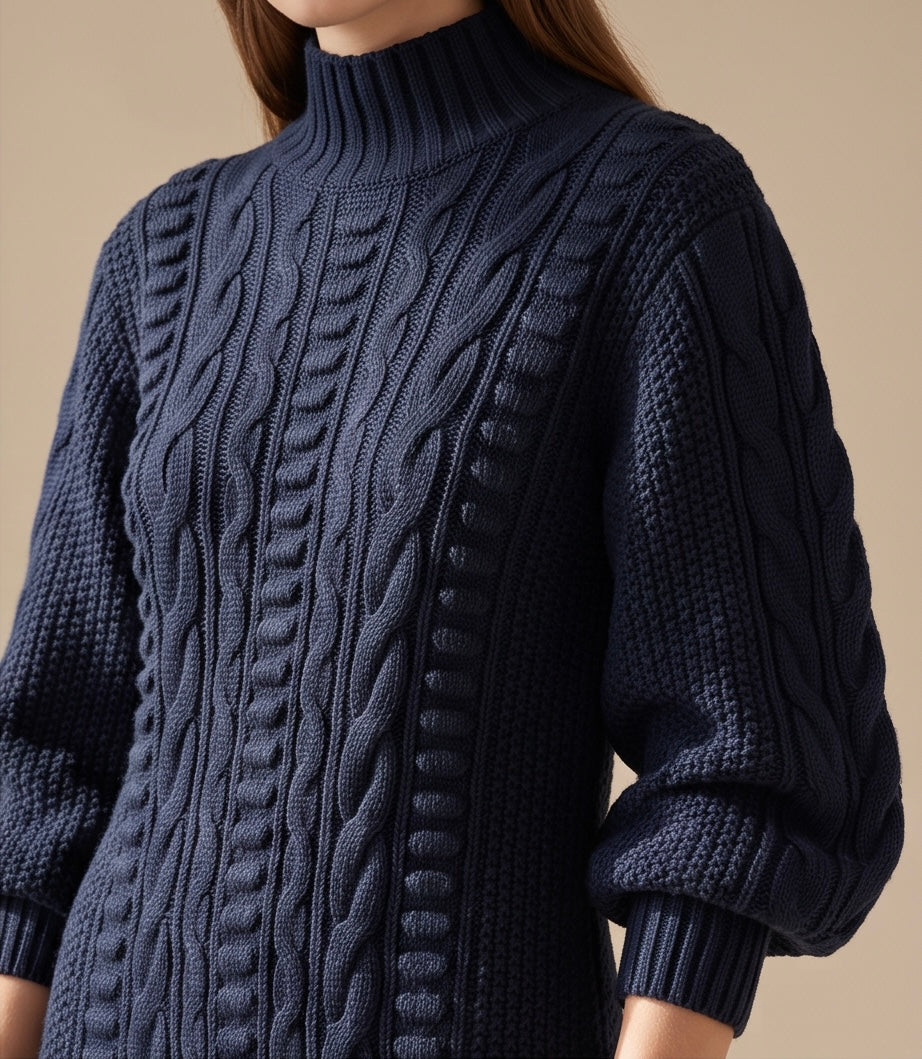 Maia Longo long-sleeve knit midi dress in navy blue featuring a round neckline and fitted silhouette