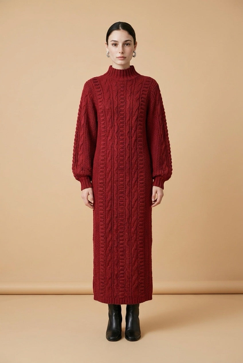 Model wearing the burgundy Maia Longo long-sleeve cable-knit maxi dress with a mock neck and ribbed cuffs
