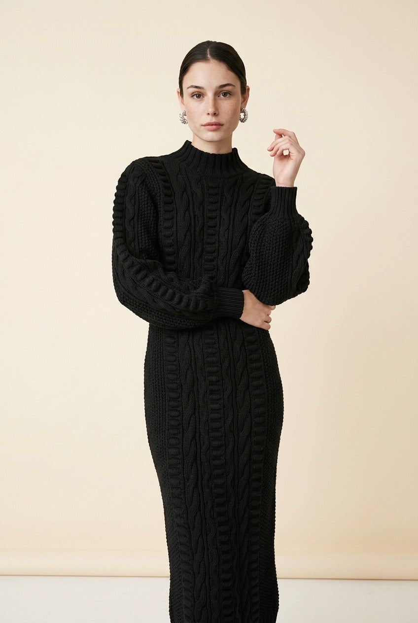 Maia Longo Long-Sleeve Knit Midi Dress in Black | Casa Maly