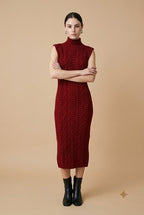 Maia Cable-Knit Mock Neck Sleeveless Maxi Dress with Bobble Details in Red | Casa Maly