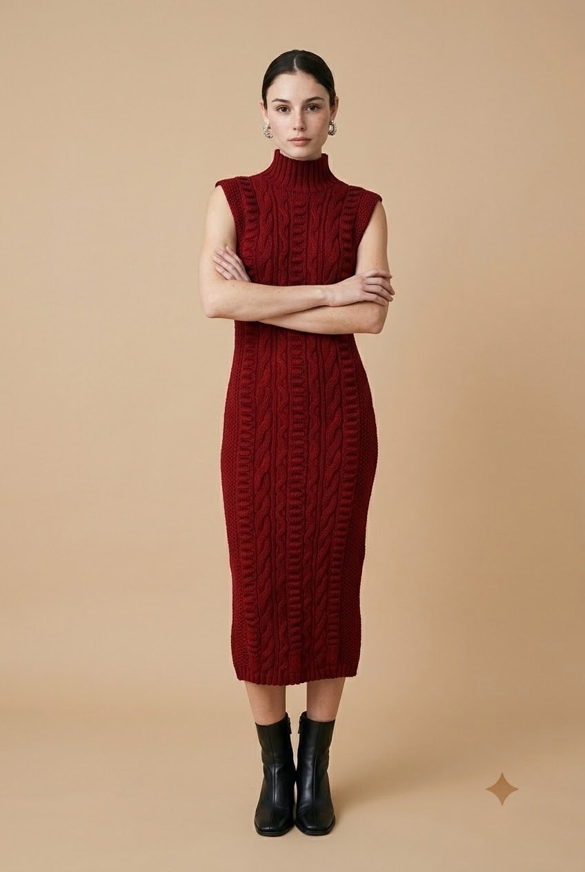 Maia Cable-Knit Mock Neck Sleeveless Maxi Dress with Bobble Details in Red | Casa Maly