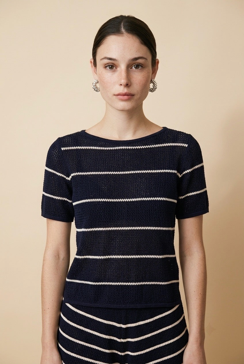 Navy Riviera Striped Short-Sleeve Open-Knit Top and Shorts Two-Piece Set in Navy and White | Casa Maly