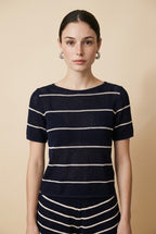 Navy Riviera Striped Short-Sleeve Open-Knit Top and Shorts Two-Piece Set in Navy and White | Casa Maly