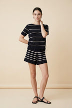 Navy Riviera Striped Short-Sleeve Open-Knit Top and Shorts Two-Piece Set in Navy and White | Casa Maly