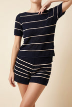 Navy Riviera Striped Short-Sleeve Open-Knit Top and Shorts Two-Piece Set in Navy and White | Casa Maly