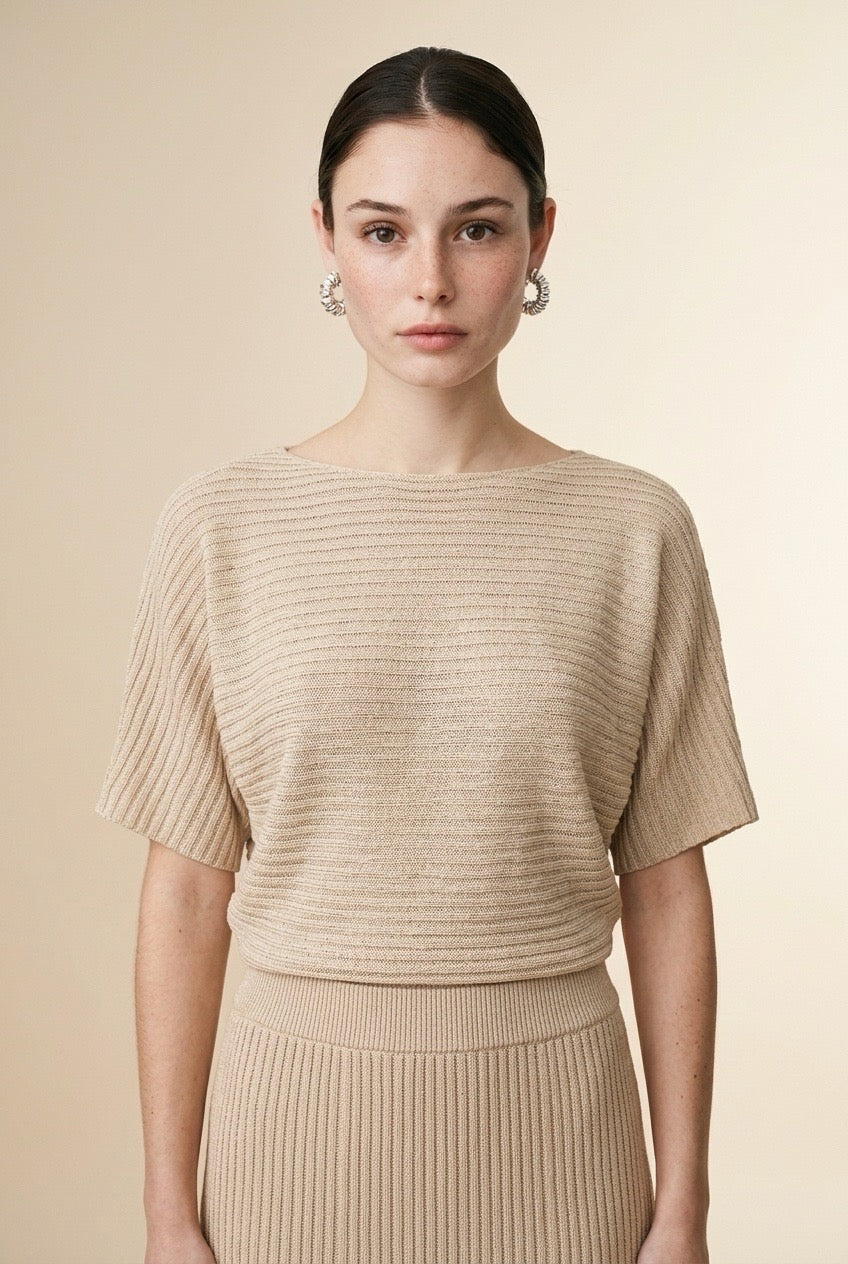 Prisma Beige Ribbed Blouse & Skirt Set | Casa Maly