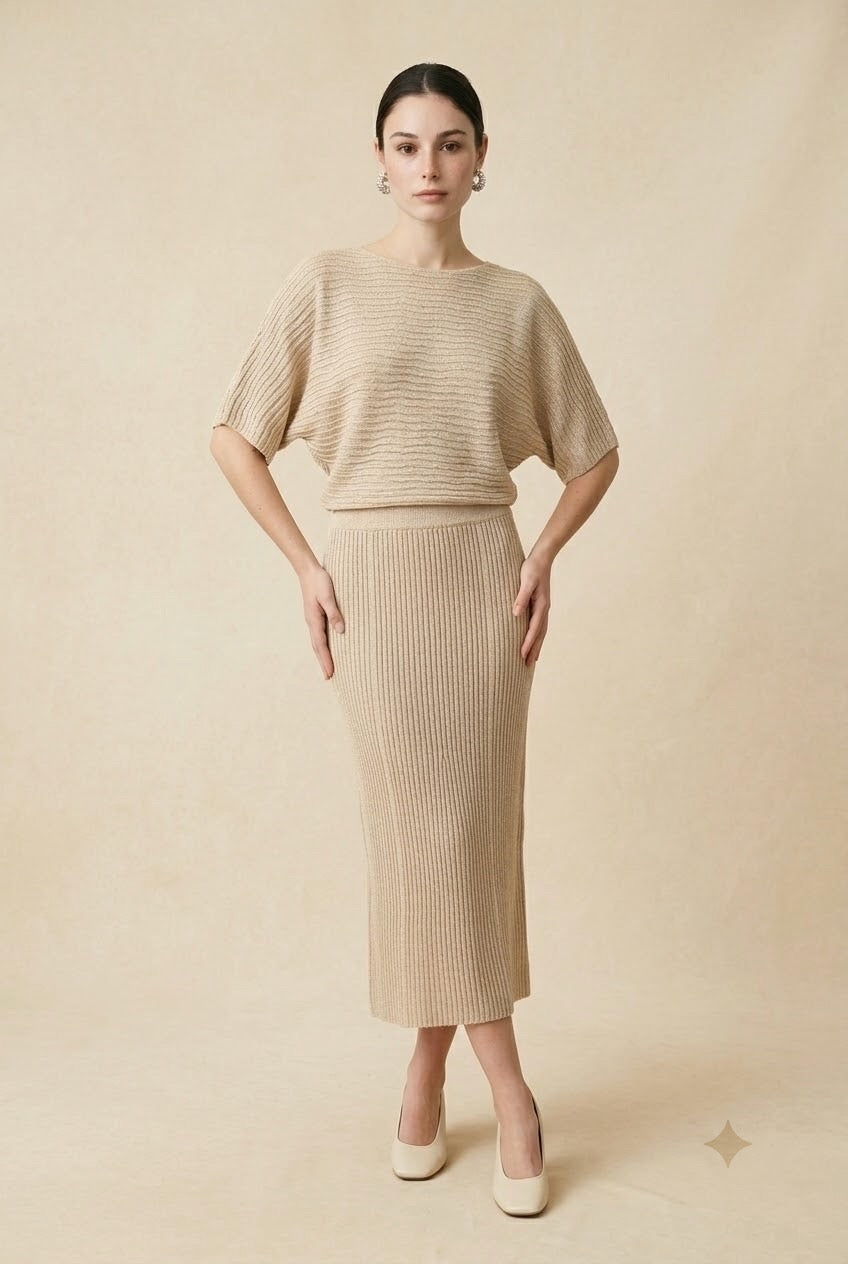 Prisma Beige Ribbed Blouse & Skirt Set | Casa Maly