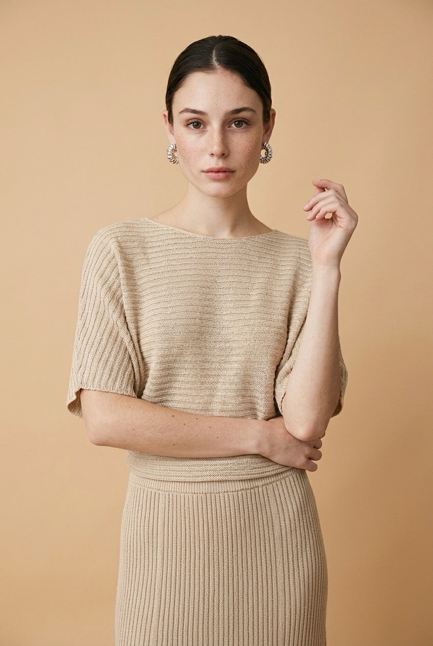 Prisma Beige Ribbed Blouse & Skirt Set | Casa Maly