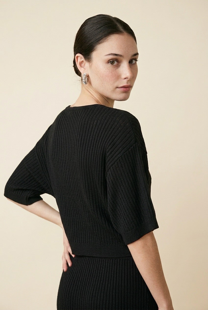 Prisma Black Ribbed Blouse & Skirt Set | Casa Maly