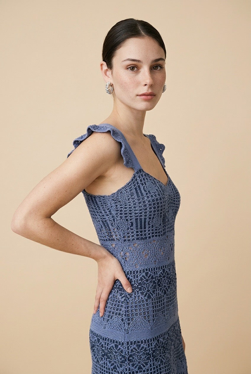 Baiao Multi-Blend Textured Knit Resort Dress in Blue | Casa Maly