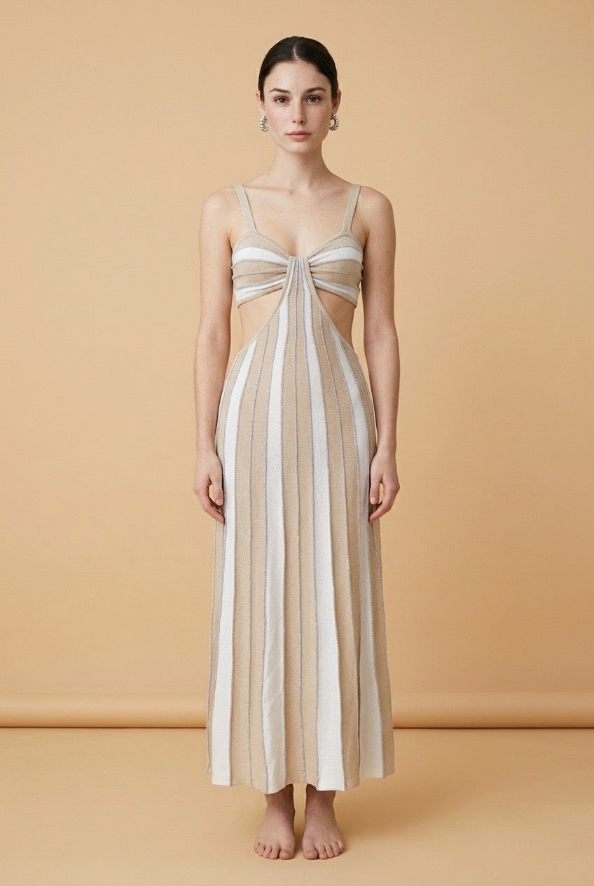 Catalina Listras Striped Lightweight Viscose Knit Dress in Beige | Casa Maly