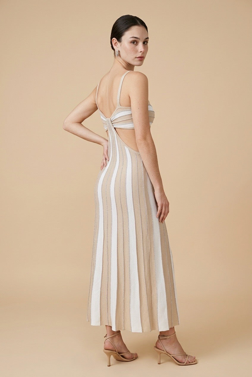 Catalina Listras Striped Lightweight Viscose Knit Dress in Beige | Casa Maly