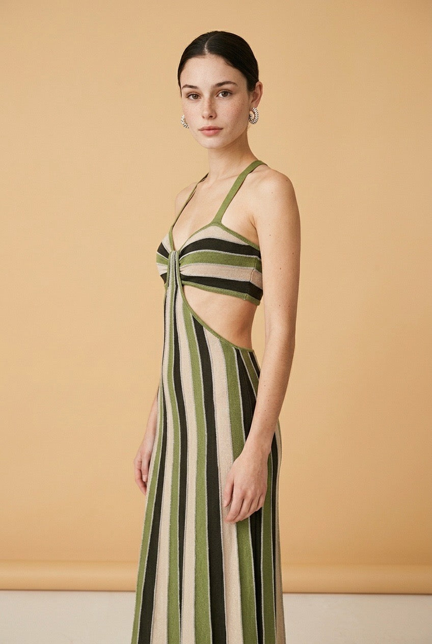 Catalina Listras Striped Lightweight Viscose Knit Dress in Olive | Casa Maly