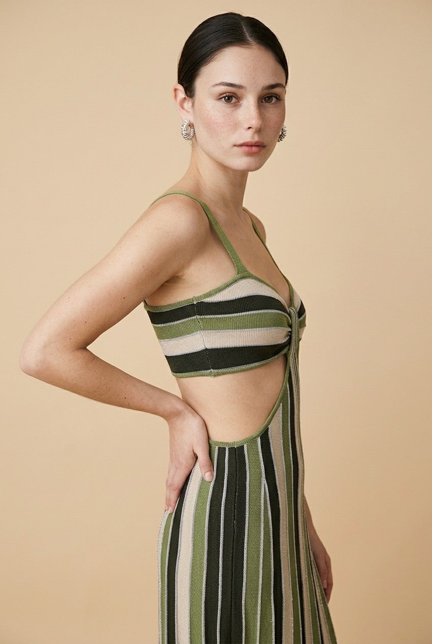 Catalina Listras Striped Lightweight Viscose Knit Dress in Olive | Casa Maly