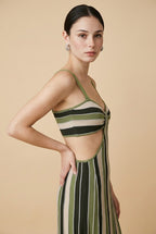 Catalina Listras Striped Lightweight Viscose Knit Dress in Olive | Casa Maly