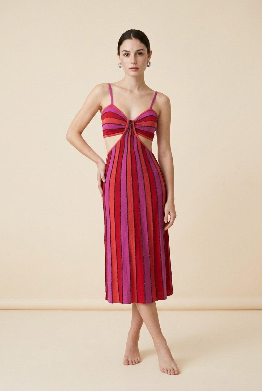 Catalina Listras Striped Lightweight Viscose Knit Dress in Red | Casa Maly