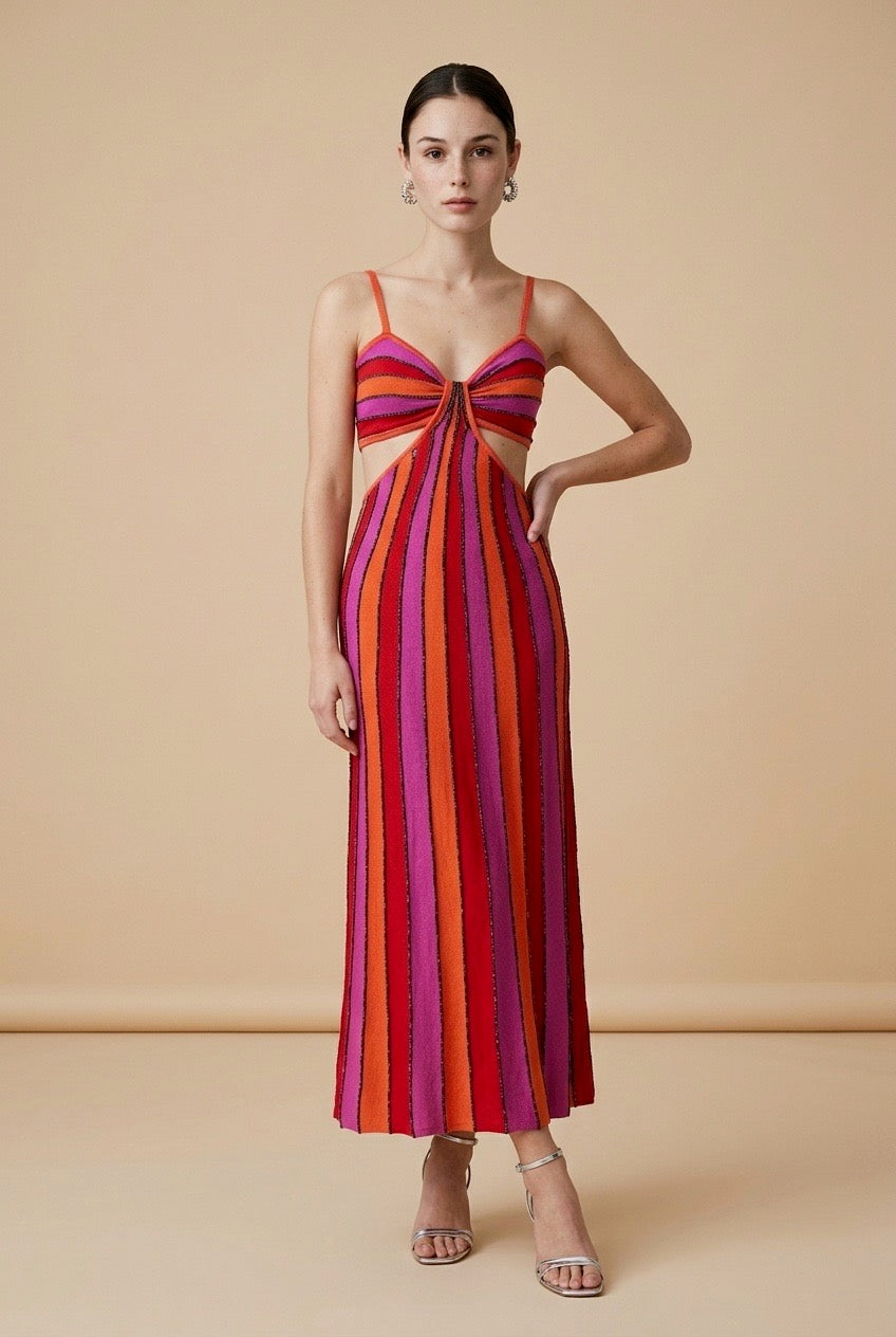 Catalina Listras Striped Lightweight Viscose Knit Dress in Red | Casa Maly