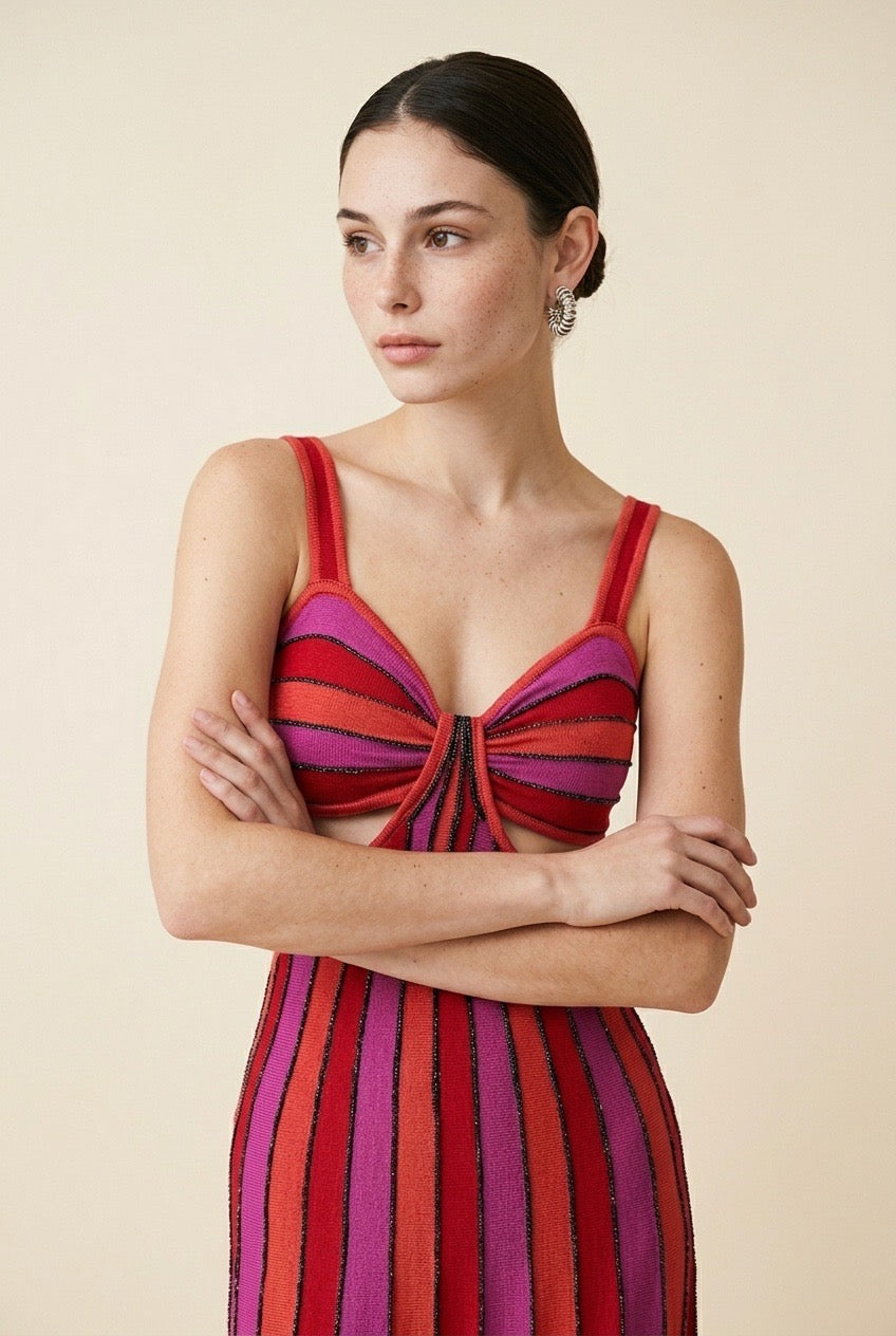 Catalina Listras Striped Lightweight Viscose Knit Dress in Red | Casa Maly
