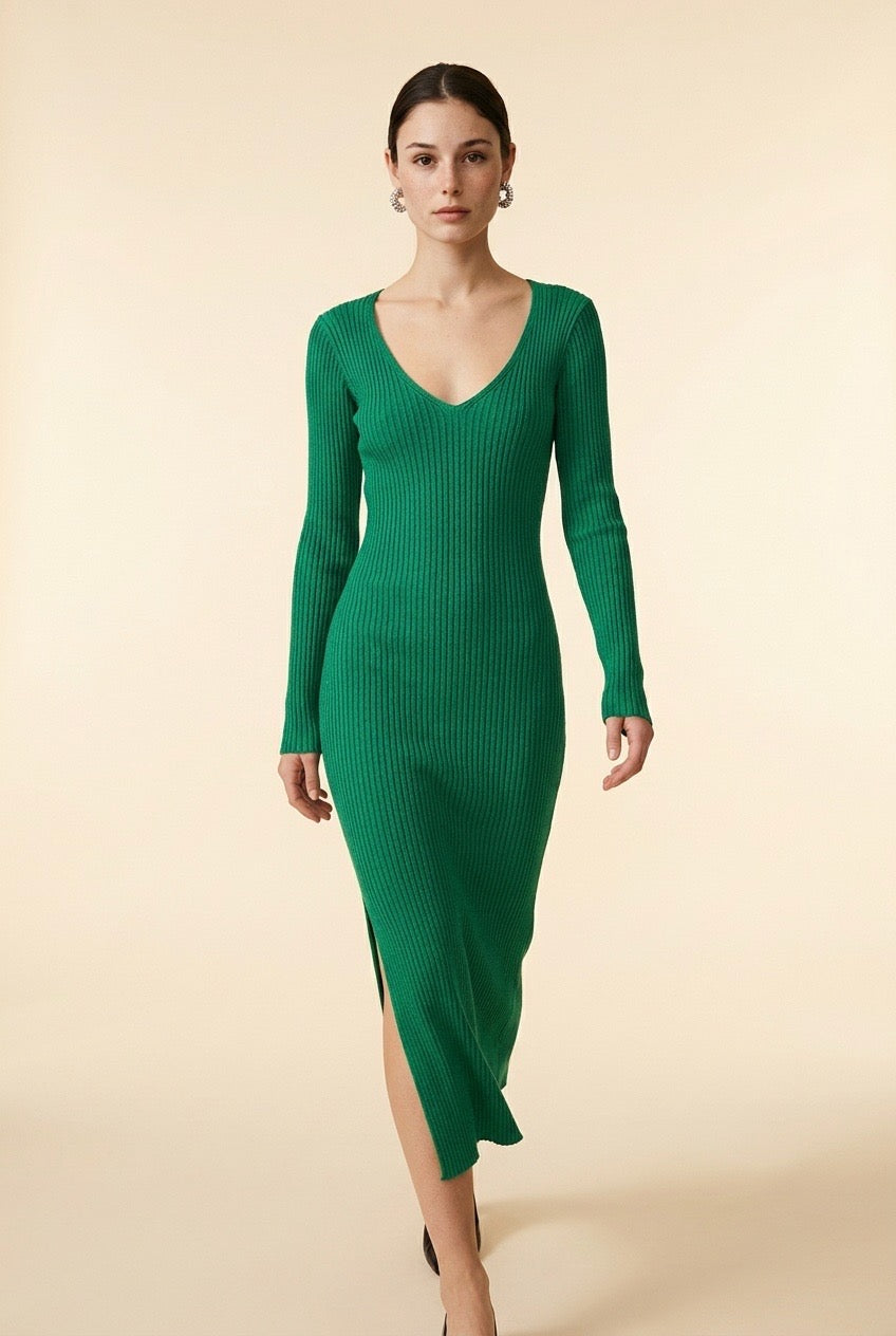 Coracao Soft Viscose Blend Fitted Dress in Green | Casa Maly