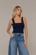 Gema Textured Contour Knit Top in Navy | Casa Maly