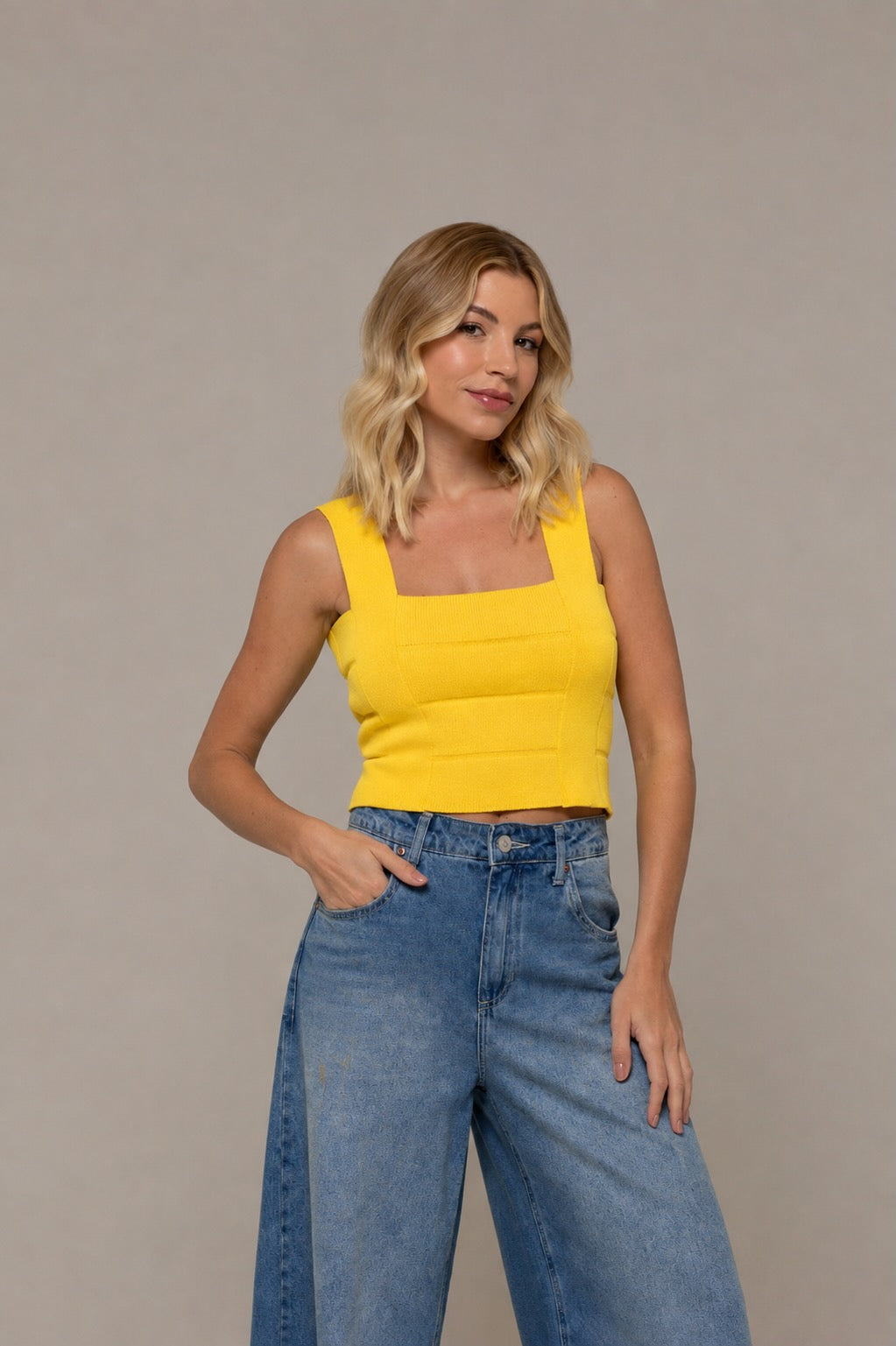 Gema Textured Contour Knit Top in Yellow | Casa Maly