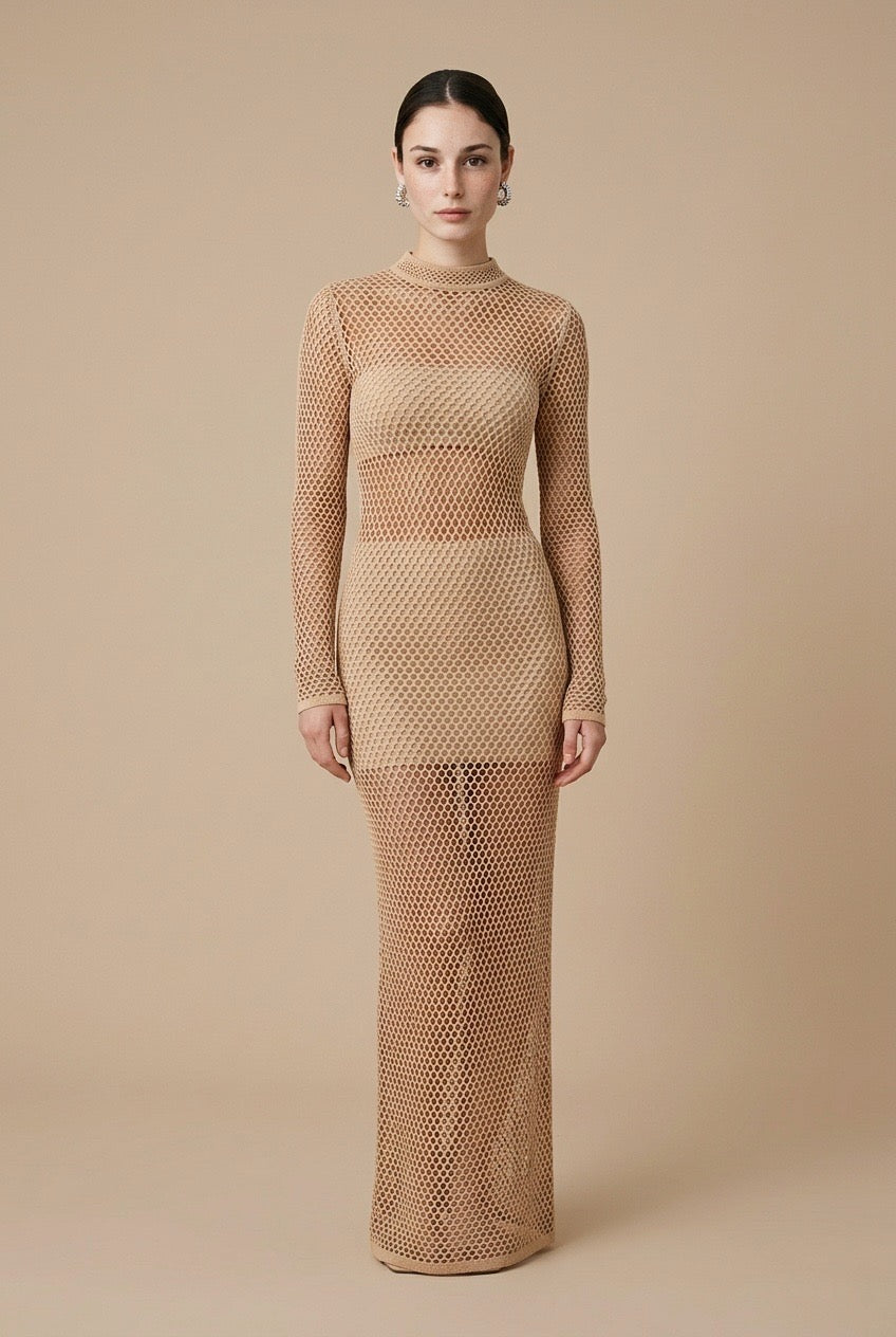 Geraldine Sculpted Viscose Knit Dress in Beige | Casa Maly
