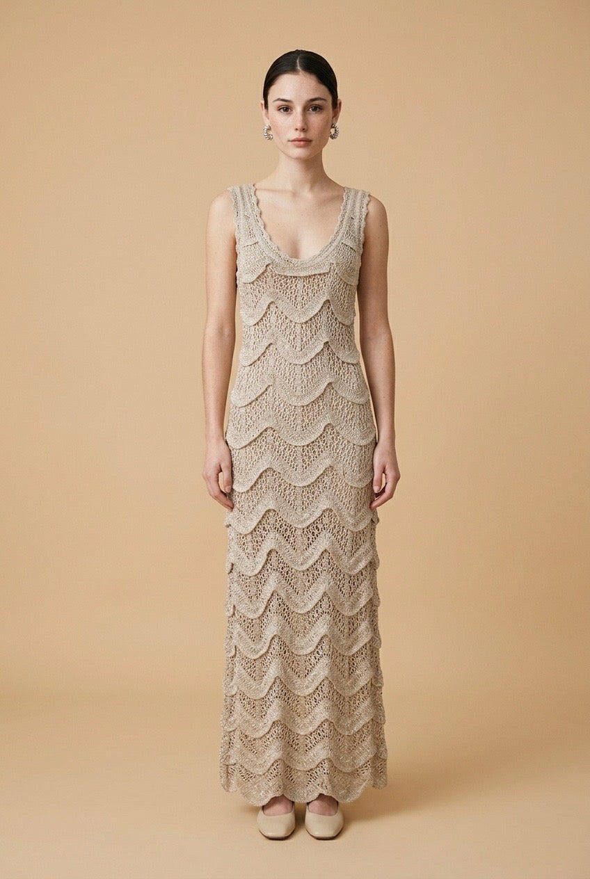 Cristina Multi-Blend Textured Knit Lined Dress in Beige | Casa Maly
