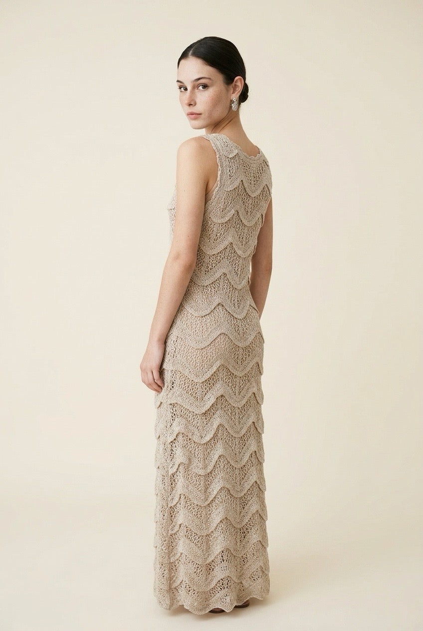 Cristina Multi-Blend Textured Knit Lined Dress in Beige | Casa Maly