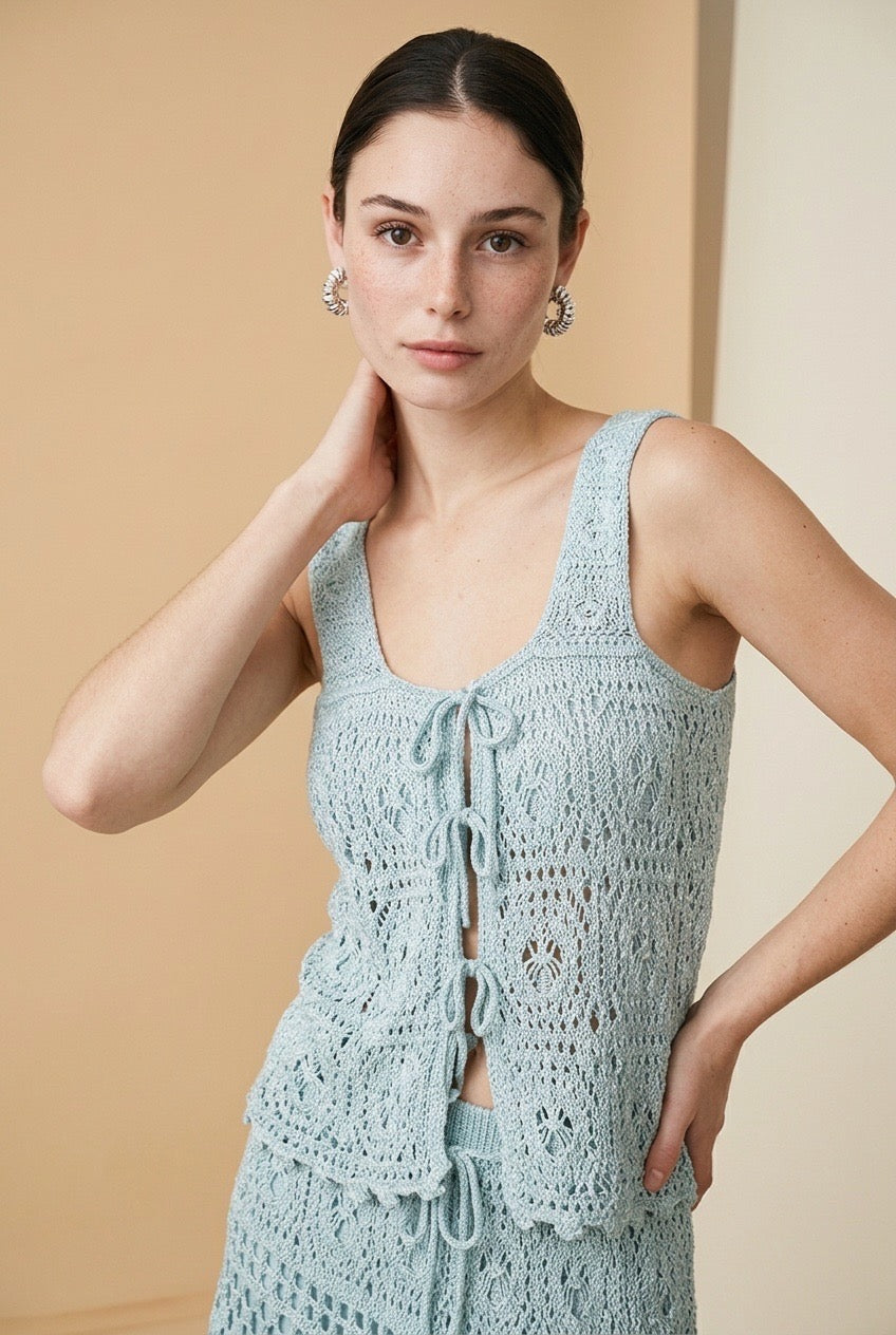 Gabby Sculpted Knit Top and Cascading Skirt Two-Piece Set in Baby Blue | Casa Maly
