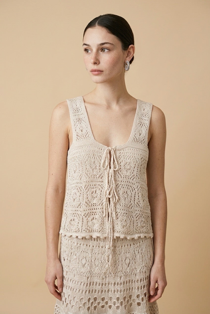 Protofino Sculpted Knit Top and Cascading Skirt Two-Piece Set in Beige | Casa Maly