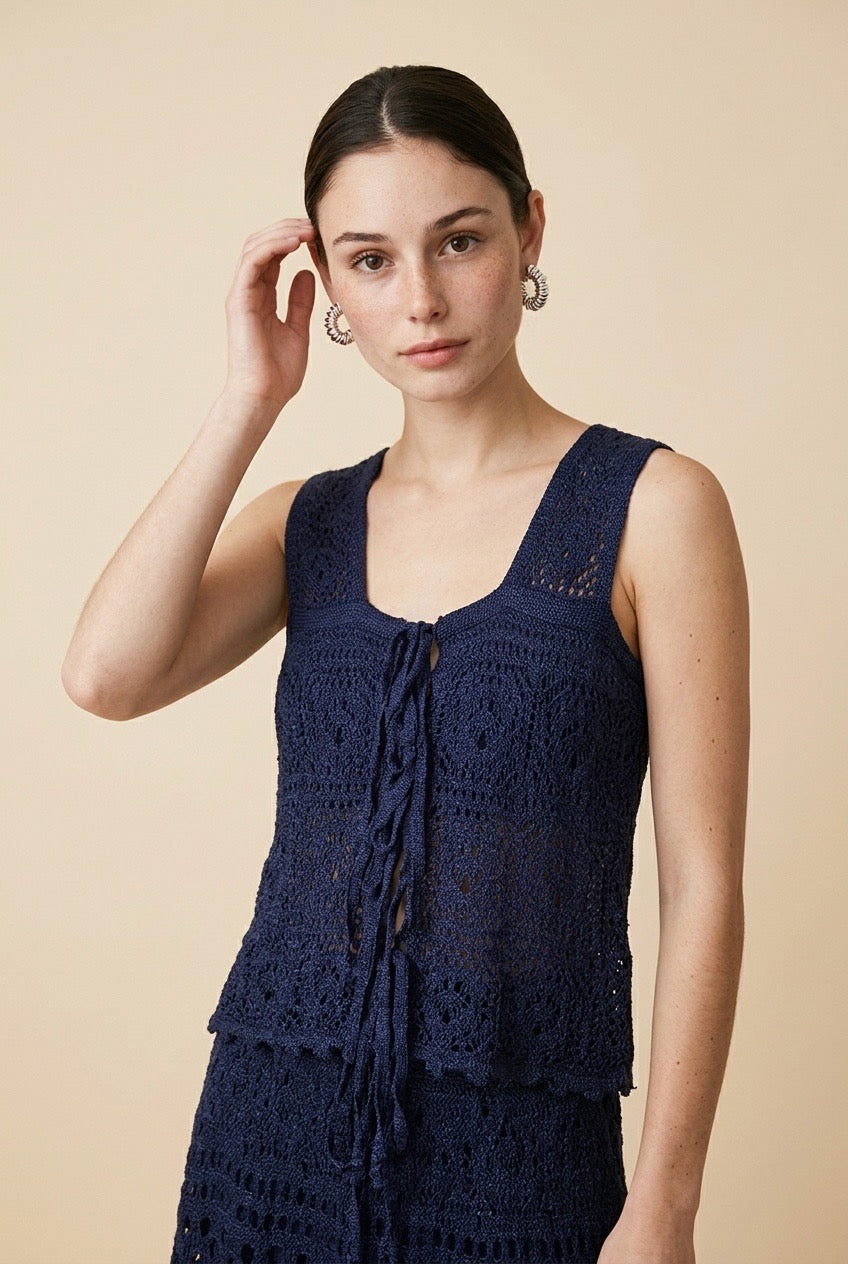 Protofino Sculpted Knit Top and Cascading Skirt Two-Piece Set in Navy | Casa Maly