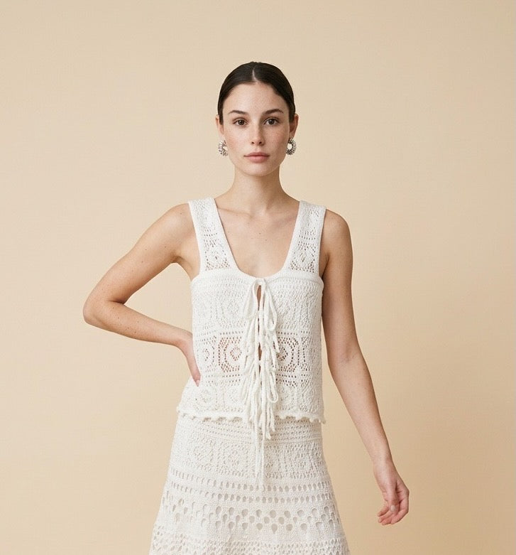 Protofino Sculpted Knit Top and Cascading Skirt Two-Piece Set in Off White | Casa Maly