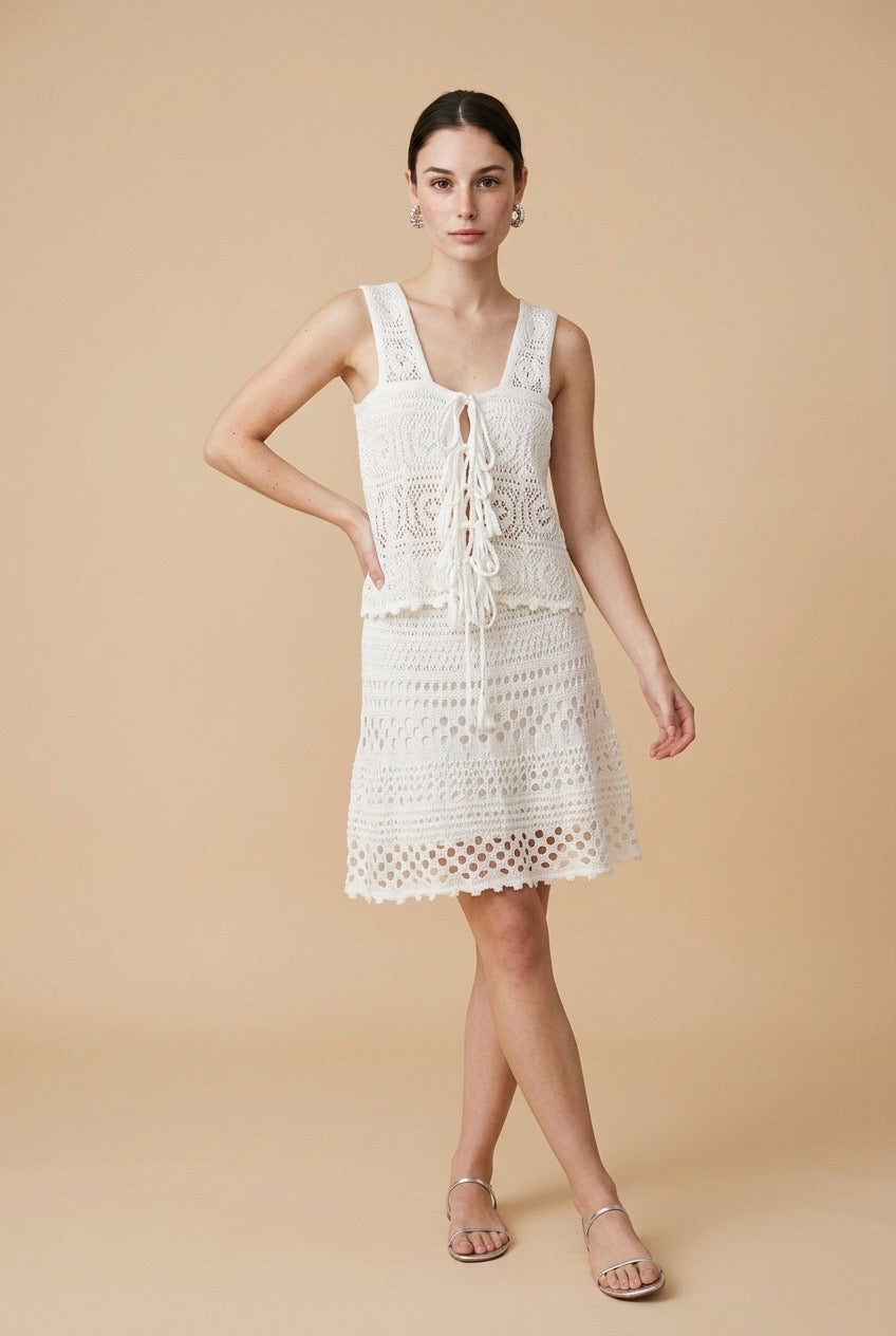Protofino Sculpted Knit Top and Cascading Skirt Two-Piece Set in Off White | Casa Maly