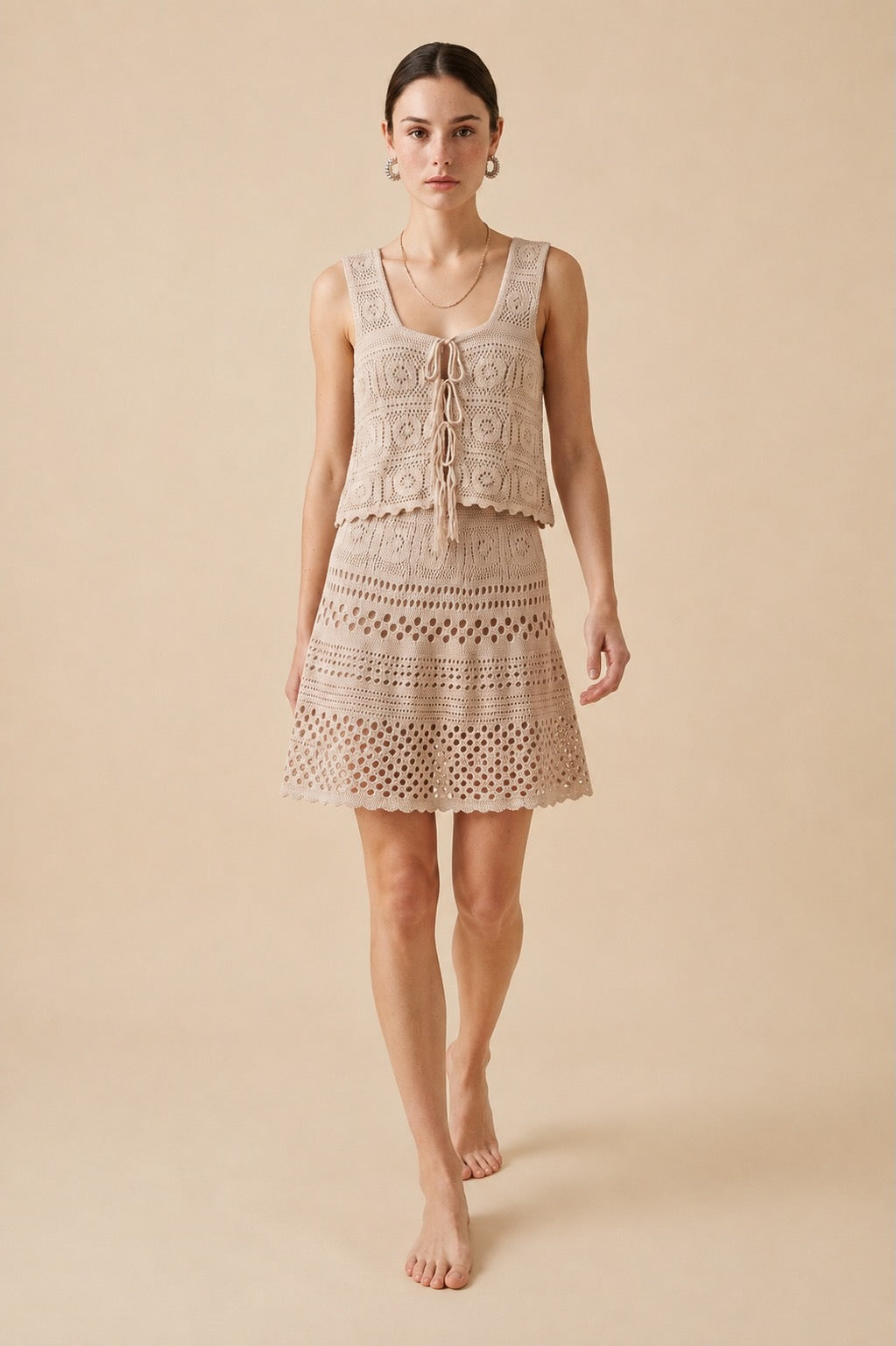Protofino Sculpted Knit Top and Cascading Skirt Two-Piece Set in Beige | Casa Maly