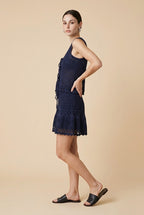 Protofino Sculpted Knit Top and Cascading Skirt Two-Piece Set in Navy | Casa Maly