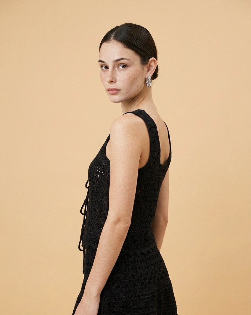 Protofino Sculpted Knit Top and Cascading Skirt Two-Piece Set in Black | Casa Maly