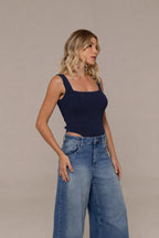 Joia Longo Fluid Viscose Blend Longline Knit Top in Navy | Casa Maly