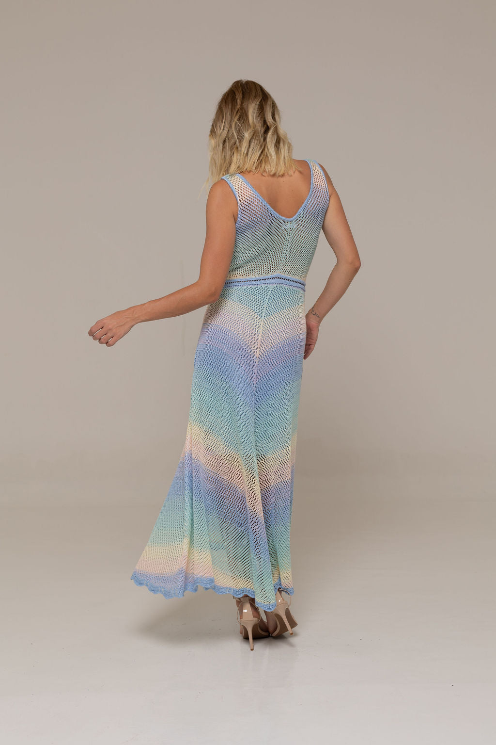 Rainbow Blue Open-Stitch V-Neck Knit Dress | Casa Maly