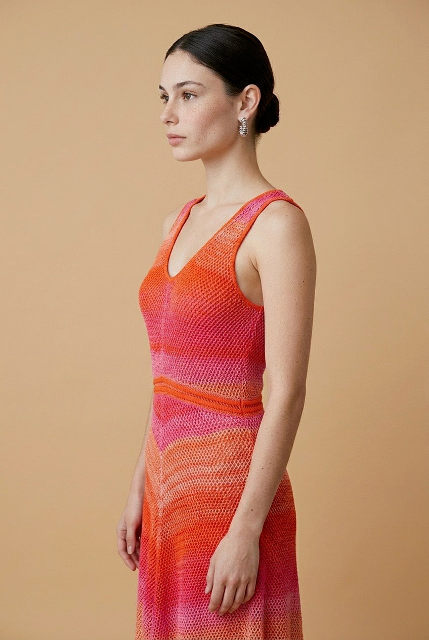 Rainbow Fuchsia & Orange Open-Stitch V-Neck Knit Dress | Casa Maly