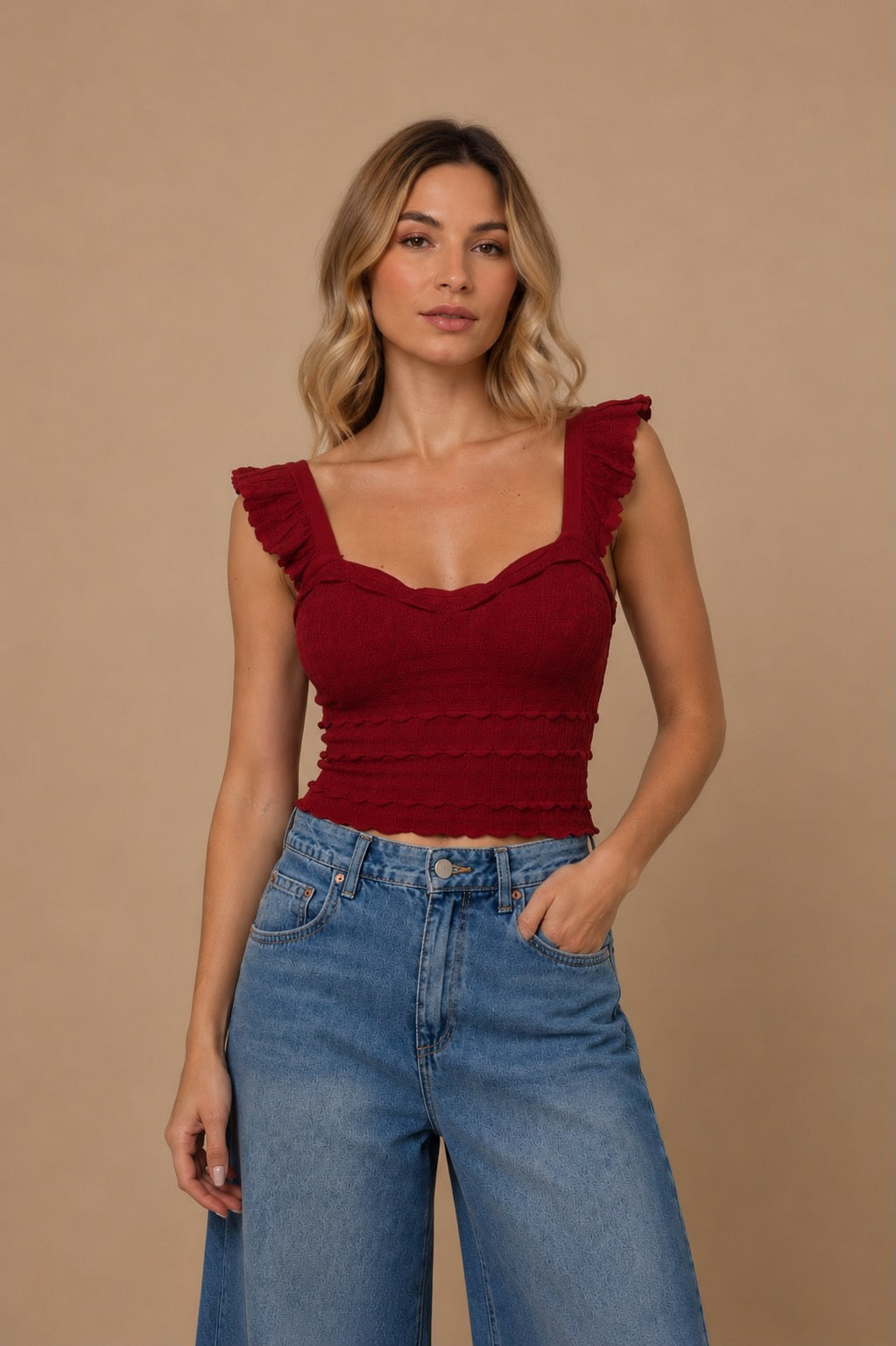 Nina Sculpted Minimalist Stretch Knit Top in Red | Casa Maly