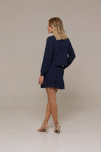 Monica Long-Sleeve Knit Sweater and Ruffle Mini Skirt Two-Piece Set in Navy | Casa Maly