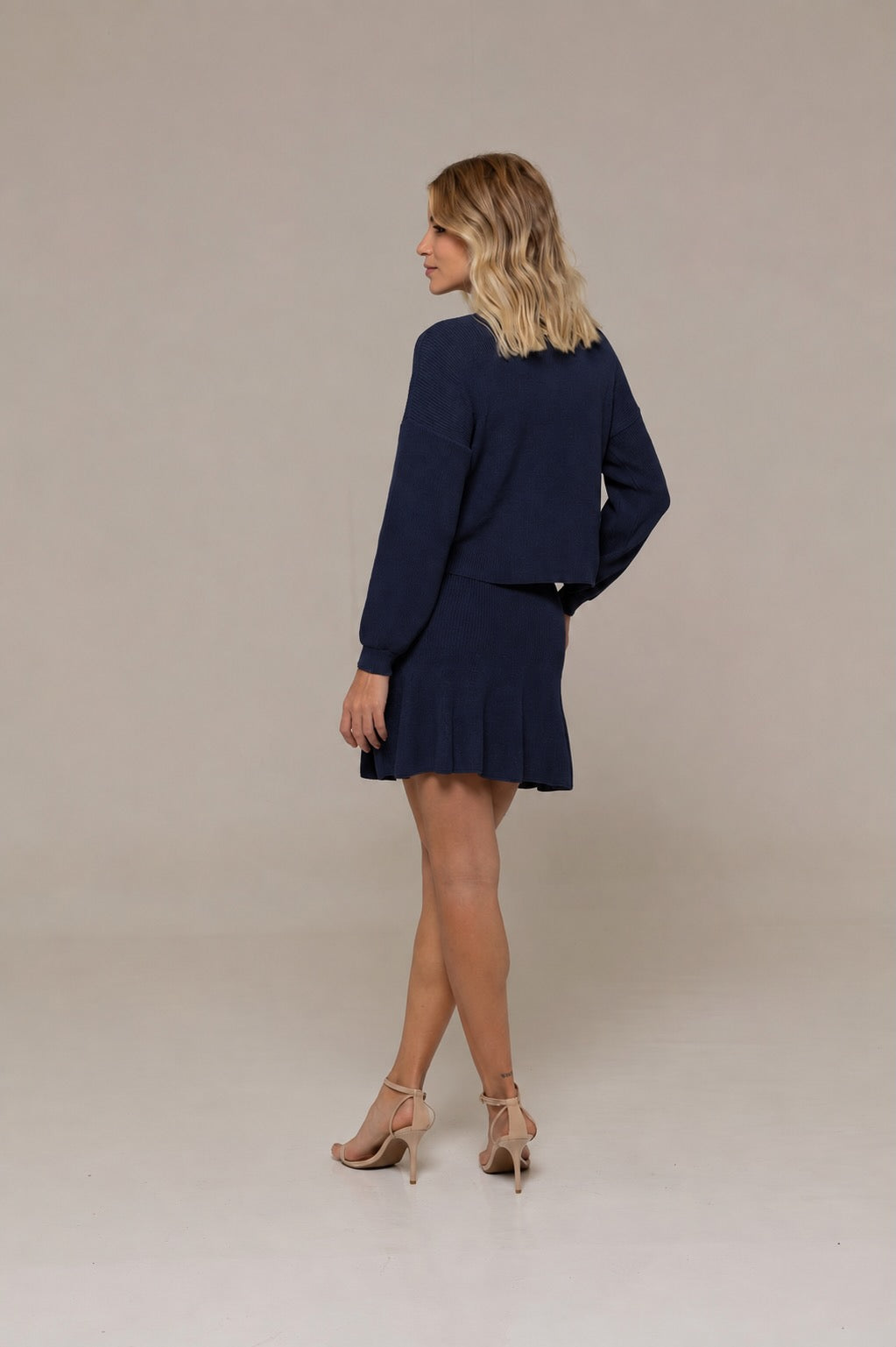 Monica Long-Sleeve Knit Sweater and Ruffle Mini Skirt Two-Piece Set in Navy | Casa Maly