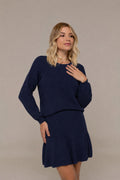 Monica Long-Sleeve Knit Sweater and Ruffle Mini Skirt Two-Piece Set in Navy | Casa Maly