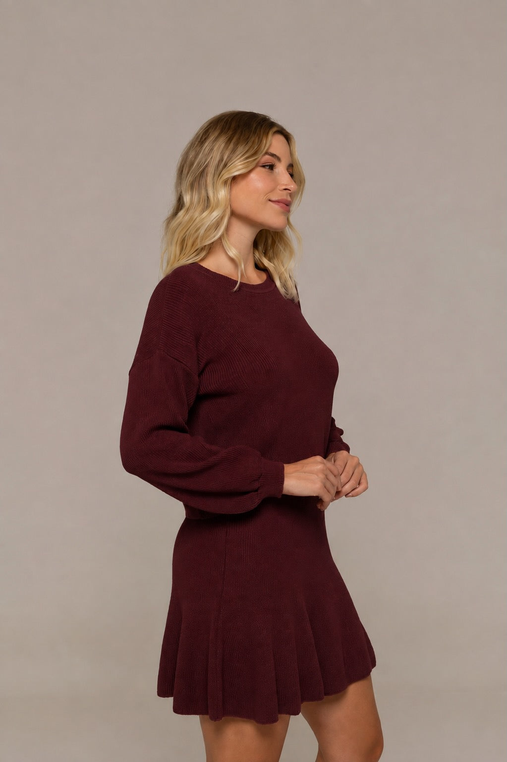 Monica Long-Sleeve Knit Sweater and Ruffle Mini Skirt Two-Piece Set in Burgundy | Casa Maly
